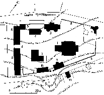 Николаевский Староторжский монастырь. Генплан: 1. Троицкий собор. 2. Келейный корпус. 3. Святые ворота. 4. Служебный корпус. 5. Хозяйственная постройка. 6. Новый корпус. 7. Северная башня с прачечной и баней. 8. Ограда. 9. Сторожка. 10. Хозяйственный корпус. 11. Школа
